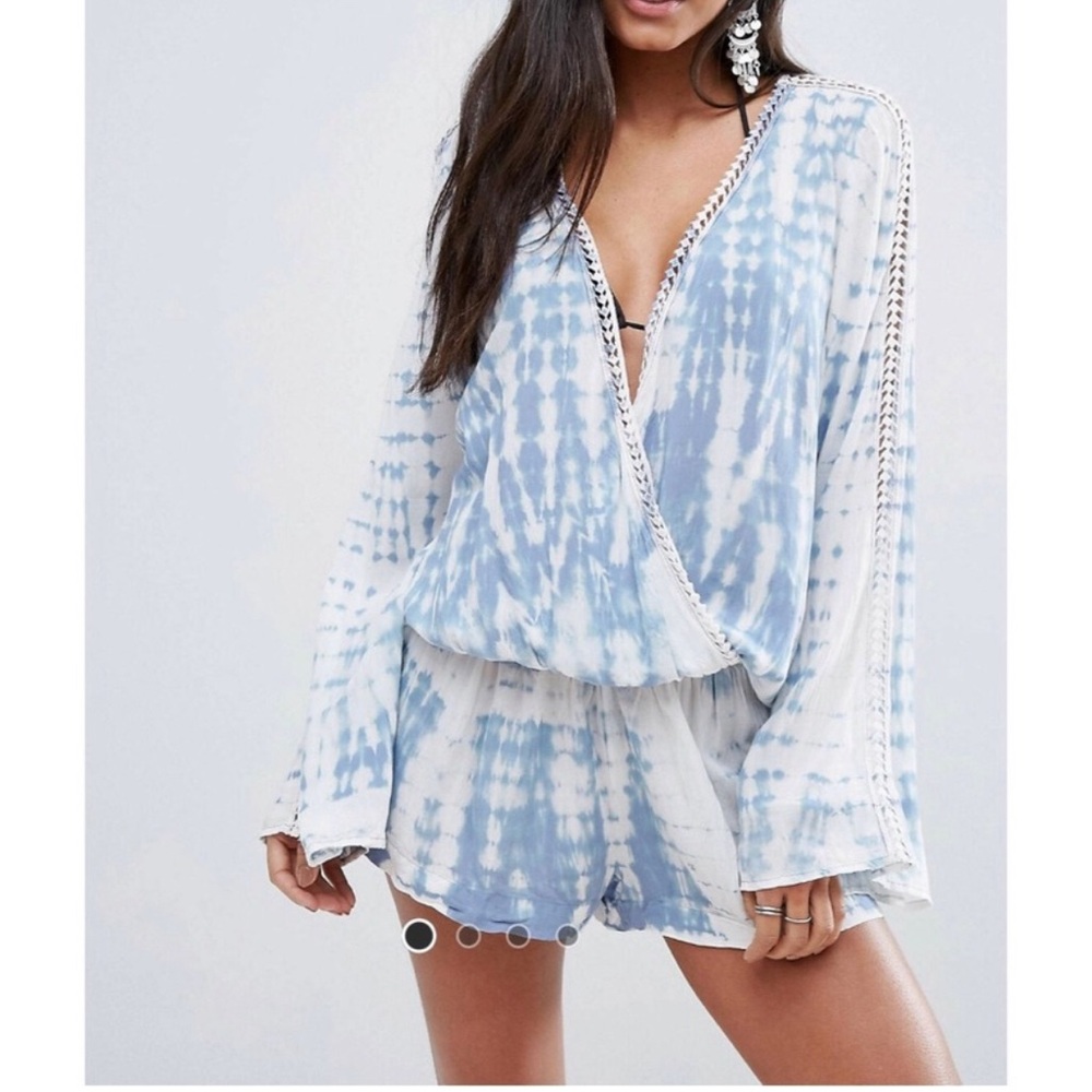 Surf Gypsy Blue White Tie Dye Romper Coverup Long Sleeve Lace Detail Wrap Top